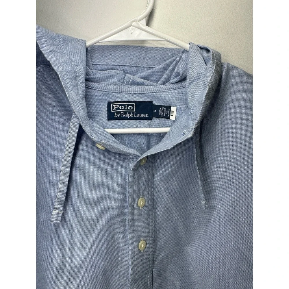 Polo Ralph Lauren Oxford Hooded Popover Shirt Light Blue Long‎ Sleeve - Medium